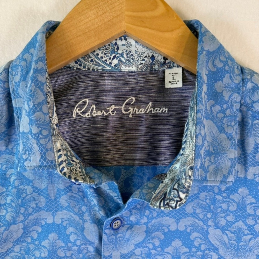 Robert Graham Mens Large Blue Damask Paisley Cotton SS Button Down Shirt